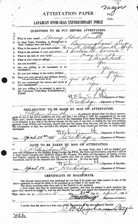 Major Harry Eden Smith's First World War Attestation Paper