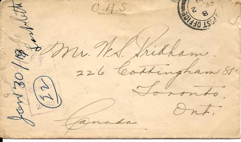 Envelope of a letter from Lawrence Pridham to his Uncle Will from France on 31 January 1918
