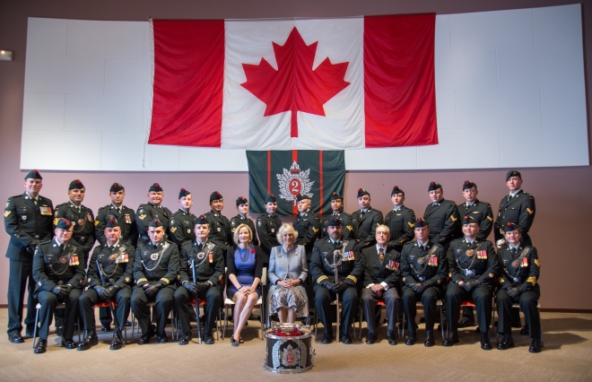 Soldiers and D-Day veteran Jack Hadley at Juno Beach Centre with the Colonel in Chief HRH the Duchess of Cornwall on 5 June 2014